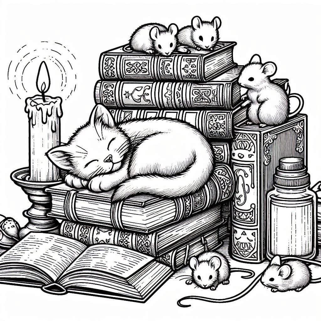 Розмольовка котиків - Кіт спить на книжках