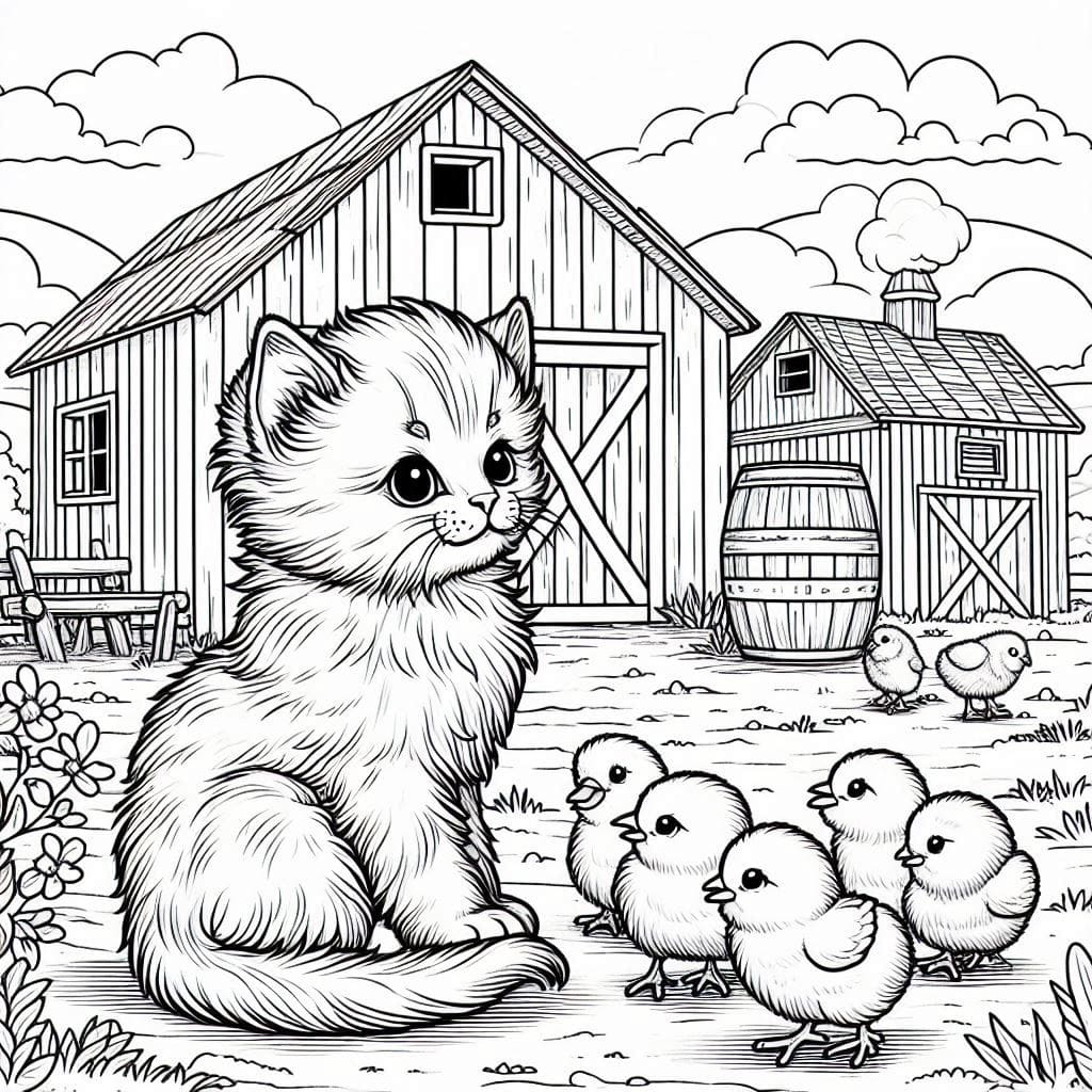 Coloring pages of cat with chicks